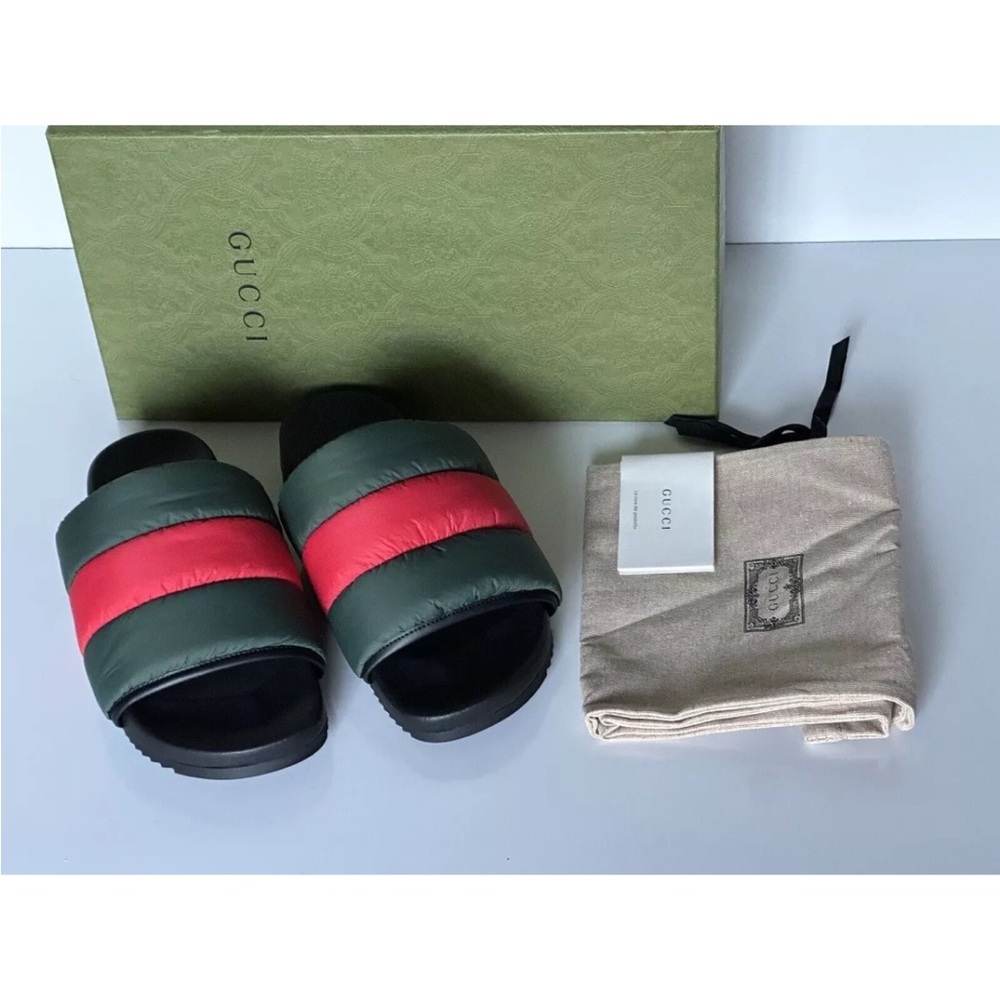 NIB Gucci Women's Nylon Green/Red/Green Slide Sandals 10 US (40 Euro) 70…